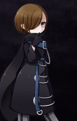  1girl black_background black_eyes black_gloves black_scarf brown_hair closed_mouth commentary_request earrings gloves highres jewelry magical_girl mahou_shoujo_ikusei_keikaku mahou_shoujo_ikusei_keikaku_unmarked one_eye_covered qoo_1025 scarf short_hair weiss_winterprison 