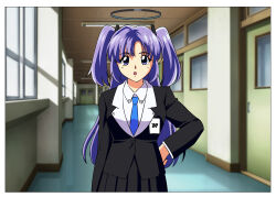  1980s_(style) 1girl black_halo black_jacket black_skirt blue_archive blue_eyes blue_necktie collared_shirt commentary_request faux_retro_artstyle hallway halo hand_on_own_hip highres indoors jacket long_hair long_sleeves looking_at_viewer mechanical_halo millennium_science_school_logo namakurage_13 necktie open_mouth pleated_skirt purple_hair retro_artstyle shirt skirt solo two_side_up upper_body violet_eyes white_shirt yuuka_(blue_archive) 