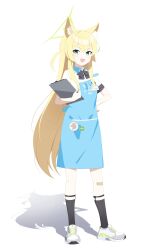  1girl absurdres angel's_24_uniform_(blue_archive) animal_ears apron bandaid bandaid_on_knee bandaid_on_leg black_socks blonde_hair blue_apron blue_archive blush bow clipboard commentary fang fox_ears fox_girl green_eyes halo hand_on_own_hip haru_0104 highres holding holding_clipboard kurumi_(blue_archive) long_hair looking_at_viewer name_tag open_mouth shadow shoes short_sleeves skin_fang smile socks solo strap_slip two_side_up very_long_hair 
