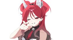  1girl animal_ear_fluff animal_ears bare_arms bare_shoulders bell black_choker black_nails black_shirt character_request chiromi choker collarbone commission ear_tag earrings fishnet_top fishnets grin hairband jewelry jingle_bell long_hair looking_at_viewer mole mole_under_eye nail_polish necktie one_eye_closed original pointing pointing_at_viewer red_eyes red_hair red_necktie shirt short_necktie simple_background sleeveless sleeveless_shirt smile solo spiked_choker spikes two_side_up upper_body white_background 