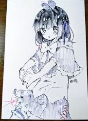  1girl :o blue_capelet blush bow capelet commentary_request cowboy_shot dot_nose frilled_capelet frilled_skirt frilled_thigh_strap frills hair_ribbon heripiro large_bow lineart looking_at_viewer medium_hair monochrome multiple_hair_ribbons open_mouth original own_hands_together photo_(medium) raised_eyebrows ribbon signature simple_background sketch skirt smile solo thigh_strap traditional_media white_background 