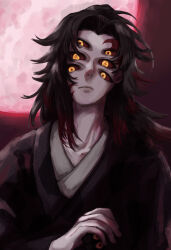  1boy absurdres black_hair closed_mouth colored_sclera commentary_request extra_eyes full_moon highres japanese_clothes kimetsu_no_yaiba kimono kokushibou long_hair moon night purple_kimono red_sclera solo symbol-shaped_pupils tiofghln 