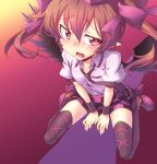  black_legwear blush brown_hair checkered checkered_skirt fang geta hat heart heart-shaped_pupils highres himekaidou_hatate long_hair necktie open_mouth purple_eyes red_(artist) skirt solo symbol-shaped_pupils tengu-geta thigh-highs thighhighs tokin_hat touhou twintails violet_eyes wings wristband 