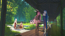  4girls absurdres animal_ears bamboo bamboo_print banjie black_jacket blazer blue_dress blue_hat bow bowtie braid brown_hair brown_thighhighs chinese_commentary collared_shirt commentary_request constellation_print cross cross_print day dress frilled_shirt_collar frilled_skirt frilled_sleeves frills fujiwara_no_mokou grey_eyes grey_hair hair_bow hat highres houraisan_kaguya jacket long_hair long_skirt long_sleeves multiple_girls multiple_hair_bows necktie nurse_cap ofuda ofuda_on_clothes pants pink_shirt pink_skirt print_dress print_hat print_skirt purple_hair rabbit_ears rabbit_girl red_cross red_dress red_eyes red_necktie red_pants red_skirt reflective_floor reisen_udongein_inaba shadow shirt single_braid sitting skirt socks suspenders tabi thigh-highs touhou two-tone_dress very_long_hair walking white_bow white_bowtie white_shirt white_socks wide_sleeves yagokoro_eirin 