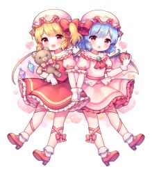 2girls :3 :o apple ascot bad_id bat_wings bear_ears belt blonde_hair blue_hair blush bow bowtie brooch child coa_(chroo_x) collared_shirt commentary commentary_request crystal_wings dot_nose double-parted_bangs fang flandre_scarlet food frilled_hat frilled_shirt_collar frilled_sleeves frills fruit full_body gloves hair_bow hat heart highres holding holding_apple holding_hands holding_stuffed_toy interlocked_fingers leg_ribbon looking_at_viewer mary_janes mob_cap multicolored_wings object_hug open_mouth orange_eyes petticoat pink_background pink_bow pink_bowtie pink_shirt puffy_short_sleeves puffy_sleeves red_ascot red_background red_belt red_bow red_eyes red_hat red_ribbon red_shirt red_shoes red_skirt red_vest remilia_scarlet ribbon shoes short_hair short_sleeves side_ponytail simple_background skin_fang skirt sleeve_garter small_breasts smile socks solid_circle_eyes striped striped_bow striped_bowtie striped_skirt teddy_bear touhou vest wavy_hair white_background white_gloves white_hat white_skirt white_socks wings yellow_ascot yellow_background yellow_bow yellow_bowtie yellow_eyes yellow_skirt