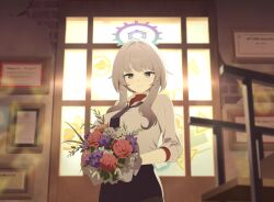  1girl absurdres anna_(blue_archive) aqua_halo backlighting black_necktie black_pantyhose black_shorts blue_archive blurry blurry_background blurry_foreground blush bouquet breasts brick_wall certificate closed_mouth collared_shirt cowboy_shot crack cracked_wall crocus_(flower) depth_of_field flower from_below game_asset golden_hour gradient_halo grey_eyes grey_hair halo happy_tears highres holding holding_bouquet indoors large_breasts layered_clothes leaf lens_flare long_sidelocks looking_at_viewer loose_necktie multicolored_halo necktie non-web_source official_art pantyhose pantyhose_under_shorts picture_frame purple_flower purple_halo red_flower red_rose red_sweater rose self-datamine shirt short_hair_with_long_locks short_shorts shorts sidelocks sleeves_rolled_up smile solo sunlight sunset sweater sweater_under_shirt tears turtleneck turtleneck_sweater warm_colors white_flower white_rose white_shirt window 