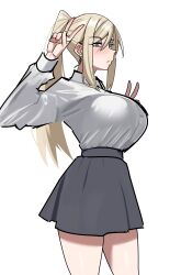  1girl absurdres blonde_hair blue_eyes breasts double_v grey_skirt highres konaloid large_breasts long_hair long_sleeves metroid ponytail samus_aran shirt skirt solo v white_background white_shirt 