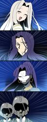  3boys assassin_(fate/zero) berserker_(fate/zero) comic fate/zero fate_(series) female_assassin_(fate/zero) gas_mask helmet highres irisviel_von_einzbern jimpota kobayashi_(fate/zero) long_hair mask multiple_boys multiple_girls ougi_(fate/zero) purple_hair silent_comic skeleton_mask skull_mask 