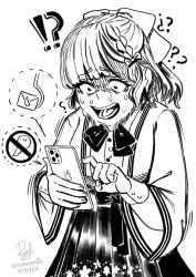  !? 1girl ? asahi_(kancolle) braid cellphone dress_shirt english_commentary greyscale hair_ribbon hakama hakama_skirt happi highres inktober iphone japanese_clothes kantai_collection key monochrome nervous_sweating no_symbol one-hour_drawing_challenge phone ribbon ron_(pixiv83091338) scared shirt short_hair single_braid skirt smartphone solo sweat 