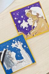  2girls aliaos arms_up black_eyes black_hair black_hat blonde_hair bow closed_eyes collared_shirt commentary_request hat hat_bow highres long_hair long_sleeves looking_up maribel_hearn medium_hair multiple_girls photo_(medium) portrait shikishi shirt star_(symbol) touhou traditional_media usami_renko white_bow white_shirt 