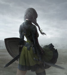  1girl belt belt_pouch black_belt black_gloves black_jacket braid breasts clouds cloudy_sky cowboy_shot cropped_jacket dongho_kang dress facing_away fantasy fingerless_gloves from_behind gloves green_dress grey_hair grey_sky highres holding holding_shield holding_sword holding_weapon horizon jacket long_sleeves medium_breasts original pouch scabbard sheath shield sky solo sword third-party_source twin_braids unsheathed weapon 