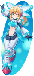  1girl :d absurdres aqua_trim arm_up armor armored_legwear black_bodysuit black_gloves blonde_hair blue_armor blue_boots blue_eyes blue_outline blush bodysuit boots breastplate breasts bubble_print chest_jewel cosplay double-parted_bangs els_(ljhlee12) eyelashes full_body gauntlets gloves greaves hair_between_eyes happy headphones helmet highres joints knee_guards knee_pads leg_lift light_blush long_hair looking_at_viewer mega_man:_dual_override mega_man_(classic) mega_man_(series) midriff multicolored_armor multicolored_boots navel one_eye_closed outline oval pink_armor pink_boots ponytail raised_eyebrows robot_girl robot_joints roll_(mega_man) shoulder_armor sidelocks simple_background small_breasts smile teeth thick_thighs thigh_boots thighs three-tone_boots transparent_background twinkle_girl twinkle_girl_(cosplay) two-tone_boots two-tone_helmet upper_teeth_only white_armor white_boots white_helmet wide_hips 