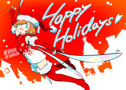  1girl absurdres bare_shoulders blue_eyes boots building commentary_request copyright_name dress elbow_gloves fairy fairy_wings fingerless_gloves full_body fur-trimmed_boots fur-trimmed_gloves fur-trimmed_headwear fur_trim gallica_(metaphor:_refantazio) gloves hair_over_one_eye happy_holidays hat heart highres metaphor:_refantazio official_art open_hands open_mouth orange_hair outstretched_arms pine_tree pointy_ears pom_pom_(clothes) print_dress red_background red_boots red_dress red_gloves red_hair santa_costume santa_dress santa_hat short_hair sleeveless sleeveless_dress snowflake_print snowing soejima_shigenori solo thigh_boots tree two-tone_dress white_dress wings zettai_ryouiki 