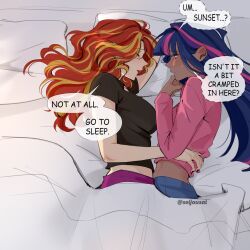 2girls black_shirt blonde_streaks breasts closed_eyes commentary cuddling dark-skinned_female dark_skin english_commentary english_text highres long_hair long_sleeves looking_at_another lying multicolored_hair multiple_girls my_little_pony my_little_pony:_equestria_girls my_little_pony:_friendship_is_magic on_bed on_side open_mouth pink_shirt pink_streaks purple_hair red_hair seijousai shirt short_sleeves small_sweatdrop speech_bubble straight_hair streaked_hair sunset_shimmer sunset_shimmer_(human) twilight_sparkle twilight_sparkle_(human) twitter_username under_covers wavy_hair whispering yuri 