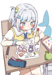  1girl anger_vein apple blonde_hair blue_eyes blue_necktie blue_streaks blush blush_stickers book cardigan cardigan_vest chair child's_drawing closed_eyes commentary drawing_(action) drawing_(object) fins fish_tail food fruit gawr_gura gawr_gura_(school_uniform) green_apple hair_bobbles hair_ornament heart highres holding holding_pencil hololive hololive_english long_hair looking_down mori_calliope multicolored_hair necktie ninomae_ina'nis official_alternate_costume orange_hair orobou paper pencil pencil_case pink_hair school_uniform shark_girl shark_tail shirt short_side_ponytail short_sleeves side_ponytail simple_background sitting stick_figure streaked_hair sun table tail takanashi_kiara untranslatable_commentary virtual_youtuber watson_amelia white_background white_shirt yellow_cardigan yurie_mouth 