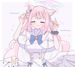  1girl \||/ angel_wings animal_ear_fluff animal_ears black_scrunchie blue_archive blue_flower blush breasts bright_pupils capelet cat_ears closed_eyes commentary_request dilated_pupils dress feathered_wings flower hair_bun hair_flower hair_ornament halo highres large_breasts long_hair mika_(blue_archive) open_mouth pink_hair pink_halo purple_flower rco_as scrunchie simple_background single_side_bun solo upper_body white_background white_capelet white_dress white_pupils white_wings wing_ornament wings wrist_scrunchie 