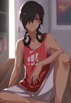  black_eyes black_hair brown_eyes dark_skin frown hair_over_one_eye headphones ikezawa_kazuma male short_hair shorts sitting solo summer_wars tan tank_top 