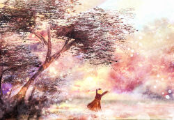 1girl aki_shizuha akyuun arms_up blurry bokeh depth_of_field facing_away highres outdoors red_theme scenery solo touhou tree 