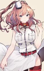  1girl absurdres anchor bad_id bad_twitter_id battle_effectiveness_award belt breast_pocket breasts brown_hair commentary_request dress garter_straps hair_between_eyes hair_ornament highres kantai_collection large_breasts neckerchief negiwork500 one_side_up pocket red_belt red_neckerchief red_thighhighs saratoga_(kancolle) sidelocks smile smokestack solo thigh-highs white_dress 