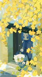  2boys animal_ears apparition arms_behind_back blue_eyes blue_hair blush cat_boy cat_ears chibi chibi_only closed_mouth flower greyscale hat highres jacket looking_at_another luo_xiaohei luo_xiaohei_(human) male_focus monochrome multiple_boys official_art open_mouth overalls pants running smile snow stone_floor stone_wall the_legend_of_luo_xiaohei wuxian_(the_legend_of_luo_xiaohei) yellow_flower zaoshu 