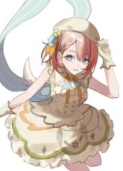  1girl absurdres beret braid brown_hair clover_brooch clover_hair_ornament clover_print commentary_request dress fake_wings frills gloves grey_eyes haikei_ano_koro_no_watashi_e_(project_sekai) hair_behind_ear hair_ornament hanasato_minori hand_up hat highres looking_at_viewer medium_hair neck_ribbon official_alternate_costume orange_ribbon parted_lips print_dress project_sekai ribbon side_braid simple_background single_sidelock sleeveless sleeveless_dress smile solo white_background white_dress white_gloves white_hat wings yukiusagi_(yukiusagi_52) 