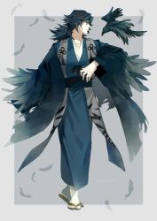  1boy bird black_feathers black_hair black_wings blue_eyes closed_mouth crow feathered_wings feathers full_body highres japanese_clothes jasmineteeea kimetsu_no_yaiba long_hair sandals solo tomioka_giyuu wings 