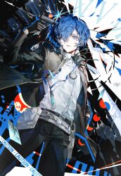  1boy absurdres belt belt_pouch black_gloves black_jacket black_pants black_ribbon blue_eyes blue_hair buttons card collared_shirt evoker gloves gun gun_to_own_head headphones highres holding holding_gun holding_weapon jacket long_sleeves male_focus neck_ribbon open_clothes open_jacket pants parted_lips persona persona_3 persona_3_reload pouch ribbon s.e.e.s shirt solo tarot tarot_card unworn_headphones weapon white_belt white_shirt yuuki_makoto_(persona_3) zhouliang48183 