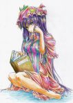  bare_legs barefoot book bow colored_pencil_(medium) flower hair_bow hair_flower hair_ornament hat highres kitazinger long_hair patchouli_knowledge purple_eyes reading solo toe_scrunch touhou traditional_media very_long_hair violet_eyes yellow_eyes 