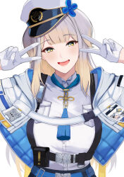  1girl absurdres animal_ears blonde_hair commentary dog_ears dog_girl double_v gloves gradient_hair grey_hair half_gloves hat highres long_hair multicolored_hair neck_tassel nijisanji police police_hat police_uniform policewoman quilted_capelet shioriha_ruri shioriha_ruri_(1st_costume) smile solo sugisita_0920 tassel untranslatable_commentary upper_body v virtual_youtuber white_gloves 