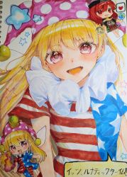 2girls :d absurdres american_flag american_flag_dress american_flag_pants american_flag_print ao_hoshi artist_name barefoot black_collar black_shirt blonde_hair blush breasts chibi chibi_inset clownpiece collar commentary_request dot_nose dress earth_(ornament) fairy_wings flag_print hair_between_eyes hat heart hecatia_lapislazuli highres holding holding_torch jester_cap long_hair looking_at_viewer medium_hair moon_(ornament) multicolored_skirt multiple_girls neck_ruff off-shoulder_shirt off_shoulder open_mouth pants pantyhose photo_(medium) pink_eyes polka_dot polka_dot_headwear pom_pom_(clothes) print_pants purple_hat red_eyes red_hair shirt short_sleeves simple_background skirt small_breasts smile speech_bubble spoken_heart star_(symbol) star_print striped_clothes striped_dress striped_pantyhose t-shirt torch touhou traditional_media translation_request upper_body very_long_hair white_background wings 