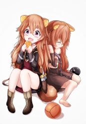 2girls :d absurdres alternate_eye_color animal_ear_fluff animal_ears ankle_boots back-to-back ball ball_and_chain_restraint bare_shoulders barefoot black_dress boots brown_boots brown_dress brown_hair chain chained child collar commentary_request crossed_bangs crying dress eating food gold_trim grey_dress hair_between_eyes hands_up highres holding holding_food layered_dress leather leather_boots long_hair long_sleeves looking_at_food mao_jing medium_dress messy_hair metal_collar metal_wrist_cuffs multiple_girls pinstripe_dress pinstripe_pattern raccoon_ears raccoon_girl raphtalia raphtalia_(young) red_dress short_dress short_sleeves simple_background sitting slave smile soles tanuki tate_no_yuusha_no_nariagari time_paradox torn_clothes torn_dress two-tone_dress violet_eyes white_background 