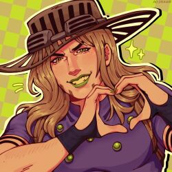  1boy absurdres ao_draws arm_hair blonde_hair brown_hat checkered_background cowboy_hat eyelashes fingerless_gloves gloves goggles goggles_on_headwear green_eyes green_lips green_nails gyro_zeppeli hat heart heart_hands highres jojo_no_kimyou_na_bouken lipstick long_hair looking_at_viewer makeup male_focus nail_polish purple_gloves purple_shirt shirt short_sleeves smile solo steel_ball_run teeth upper_body watermark 