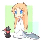  aoba_(kmnm3234) black_cat blue_eyes blush cat child hakase_(nichijou) labcoat long_hair nichijou open_mouth orange_hair professor_shinonome sakamoto_(nichijou) scarf shark smile 