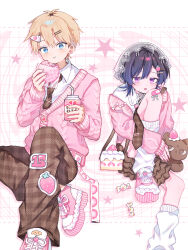  2boys absurdres bandaid bandaid_on_knee bandaid_on_leg blonde_hair blue_eyes blue_hair brown_cat brown_necktie brown_pants brown_skirt candy cardigan cat checkered_clothes checkered_necktie checkered_skirt collar collared_shirt commentary_request crossdressing crossdressing_(mtf) cup dot_nose drinking_straw eating food food-themed_bag food-themed_hair_ornament food_print food_wrapper frilled_collar frills fruit_print gradient_hair grid_background hair_ornament highres hiro_0607 holding holding_cup leg_warmers letterboxed long_sleeves looking_at_viewer male_focus miniskirt mochi multicolored_hair multiple_boys necktie number_print original pants pink_cardigan pink_shoes purple_streaks school_uniform see-through_clothes see-through_headwear shirt shoes short_hair single_off_shoulder sitting skirt strawberry_hair_ornament strawberry_print streaked_hair stuffed_animal stuffed_toy tiered_skirt tongue tongue_out trap violet_eyes white_leg_warmers white_shirt 