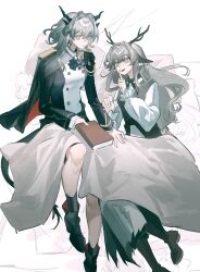  2girls absurdres aiguillette alina_(arknights) animal_ears antlers arknights ascot baibaila black_ascot black_boots black_jacket black_skirt book boots chinese_commentary commentary_request deer_antlers deer_ears deer_girl dragon_girl dragon_horns epaulettes finger_to_mouth full_body grey_hair hair_intakes highres holding holding_book horns jacket long_hair long_sleeves looking_at_another multiple_girls shirt sitting skirt smile tail talulah_(arknights) talulah_the_fighter_(arknights) under_covers white_background white_shirt 