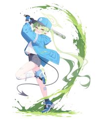  bandage_on_leg bandaged_leg bandages baseball_bat baseball_cap batting_stance belt belt_buckle black_belt black_tail blue_archive blue_jacket buckle demon_tail green_hair green_halo grey_shorts halo hat highres holding holding_baseball_bat jacket leg_up long_hair long_sleeves metal_baseball_bat nozomi_(blue_archive) open_mouth pointy_ears shorts spade_(3898_spade) standing standing_on_one_leg swinging_baseball_bat tail twintails yellow_eyes 