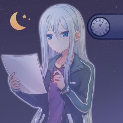  1girl blue_eyes blue_jacket clock collarbone crescent_moon eyes_visible_through_hair hair_between_eyes highres holding holding_paintbrush holding_pen jacket long_hair long_sleeves moon night open_clothes open_jacket paintbrush pen project_sekai purple_background purple_shirt sami_kura shirt sky solo star_(sky) starry_sky track_jacket white_background white_hair yellow_moon yoisaki_kanade 