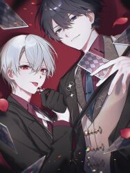  2boys absurdres barcode barcode_tattoo black_gloves black_jacket black_suit blue_eyes blue_hair blue_necktie card cheek_tattoo collared_shirt commentary cross_tie double-parted_bangs falling_petals fingernails floating_card gloves hair_between_eyes hand_up highres holding holding_card indie_utaite jacket lapel_pin lapels looking_at_viewer mafumafu male_focus multiple_boys necktie notched_lapels open_clothes open_jacket petals playing_card pnt0005 poker_chip red_petals red_shirt shadow shirt simple_background smile soraru suit tattoo tie_clip tongue tongue_out untranslatable_commentary upper_body utaite white_hair white_jacket 