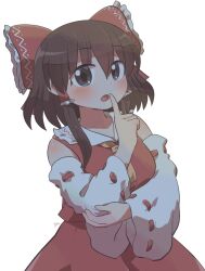  1girl ascot blush bow brown_eyes brown_hair commentary_request detached_sleeves frilled_bow frilled_hair_tubes frills hair_bow hair_tubes hakurei_reimu hand_on_own_elbow highres long_hair looking_at_viewer open_mouth red_bow red_skirt ribbon-trimmed_sleeves ribbon_trim rokugou_daisuke signature simple_background skirt skirt_set solo touhou white_background yellow_ascot 