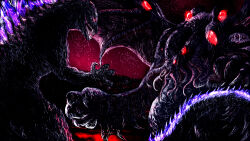  battle cephalopod_eyes claws commentary_request eldritch_abomination extra_eyes giant giant_monster godzilla godzilla_(series) highres jaw kaiju kinokoru0328 madomuh monster no_humans octopus open_mouth red_eyes sharp_teeth spines tail teeth tentacles very_long_tail wings 