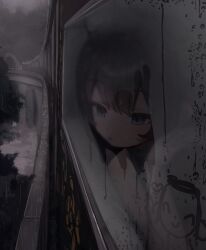  1girl absurdres black_hair blue_archive commentary condensation doodle_sensei_(blue_archive) drawing_(object) from_outside glass_writing grey_eyes heart highres kisaki_(blue_archive) ll_dal looking_outside parted_lips sensei_(blue_archive) solo tagme train window window_fog 