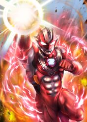 1boy abs alien arm_up armor aura bilingual_commentary black_skin blue_sky chest_guard clenched_hands color_timer colored_skin commentary compound_eyes cowboy_shot day debris dorsal_fin energy english_commentary fire giant giant_male glowing glowing_eyes hand_up highres karasu820621 knee_up light_rays looking_ahead male_focus mask mixed-language_commentary multicolored_skin muscular muscular_male no_pupils outdoors pectorals pointy_ears powering_up red_mask red_skin shoulder_armor silver_skin sky solo studded_armor tokusatsu ultra_series ultraman_z ultraman_z_(beta_smash) ultraman_z_(series) white_eyes wrinkled_skin 