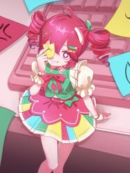  1girl ahoge bow bowtie bright_pupils colorful commentary_request computer_keyboard diamond-shaped_pupils diamond_(shape) double-parted_bangs dress drill_hair frilled_wrist_cuffs frills green_bow green_dress hair_between_eyes hair_bow highres holding holding_paper kasane_teto lillilwiste multicolored_dress one_eye_covered paper paper_on_head paperclip_hair_ornament pleated_skirt puffy_short_sleeves puffy_sleeves red_bow red_bowtie red_eyes red_hair red_skirt short_sleeves sitting skirt smile solo sticky_note sticky_singers_(synthesizer_v) symbol-shaped_pupils synthesizer_v twin_drills two-tone_bow utau white_pupils wrist_cuffs 
