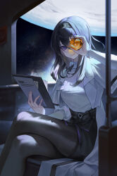  1girl absurdres arknights black_bow black_eyes black_hair black_pantyhose black_skirt bow breasts chinese_commentary clipboard coat commentary_request crossed_legs diamond-shaped_pupils diamond_(shape) feet_out_of_frame high-waist_skirt highres holding holding_clipboard indoors koiswag long_hair looking_at_viewer medium_breasts open_clothes open_coat pantyhose priestess_(arknights) sitting skirt solo sweater symbol-shaped_pupils turtleneck turtleneck_sweater white_coat white_sweater 