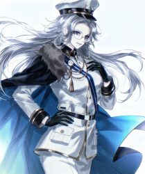  1girl abashuxiadeabaguai absurdres aotsuki_eito belt black_belt black_cape black_gloves blue_cape blue_eyes blue_sash breasts buttons cape chinese_commentary closed_mouth collared_shirt commentary_request cowboy_shot eyelashes fur-trimmed_cape fur_trim genderswap genderswap_(mtf) glasses gloves grey_hair hand_on_own_hip hat highres jacket large_breasts long_hair official_alternate_costume pants peaked_cap pocket sash semi-rimless_eyewear shirt simple_background smile sunglasses tassel the_hundred_line_-last_defense_academy- two-sided_cape two-sided_fabric white_background white_hat white_jacket white_pants 
