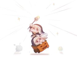  2girls 58yawo arm_up black_headdress blonde_hair blunt_bangs cart commentary_request emphasis_lines highres holding holding_staff mage_staff multiple_girls nun_headdress sparkle speaki_(trickcal) staff trickcal 