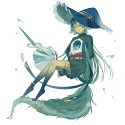  1boy absurdres air_bubble amputee androgynous anemone_(flower) animal_ears animal_feet anklet aqua_hair aqua_tail armless_amputee armlet barefoot belt blue_flower blue_fur blue_hat blue_ribbon blunt_ends borrowed_character bubble closed_mouth colored_extremities colored_eyelashes commentary_request cowlick detached_sleeves disembodied_head double_amputee expressionless floating floating_object floppy_ears flower flower_knot fox_boy fox_ears fox_tail frilled_hat frills full_body gold_armlet green_jacket green_shorts green_shrug hair_between_eyes hair_flower hair_ornament hair_ribbon hat highres hole_in_chest hole_on_body invisible_chair jacket jellyfish_cut jewelry kanjou_x_jingai liquid_clothes liquid_tail long_hair looking_at_viewer low-tied_long_hair male_focus nekokan_illust original pink_eyes pleated_shorts ribbon shirt short_shorts shorts shrug_(clothing) simple_background single_detached_sleeve sitting solo stole tail tail-shaped_hair tail_ornament tail_ring tassel thighlet very_long_hair wand white_background white_shirt witch_hat yellow_belt 