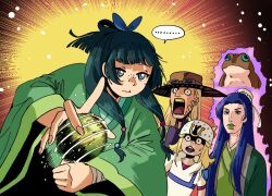  ... 1girl 3boys ball beads blonde_hair blue_eyes bun_cover chinese_clothes commentary crossover emphasis_lines english_commentary expressionless freckles frog green_hair green_hanfu green_lips gyro_zeppeli hair_beads hair_bun hair_ornament hair_over_shoulder hanfu hat jinshi_(kusuriya_no_hitorigoto) johnny_joestar jojo_no_kimyou_na_bouken kusuriya_no_hitorigoto long_hair looking_at_another low-tied_long_hair maomao_(kusuriya_no_hitorigoto) multiple_boys open_mouth orb purple_hair speech_bubble spoken_ellipsis steel_ball_run upper_body wanderjegson white_hat wide_sleeves 