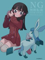  1girl absurdres beanie black_hair blue_background blue_eyes blue_fur boots bright_pupils coat commentary_request full_body glaceon grey_eyes hair_ornament hairclip hat highres hikari_(pokemon) kneeling long_hair looking_at_another pink_boots pokemon pokemon_(creature) pokemon_diamond/pearl/platinum pokemon_platinum red_coat sandora_(karugamo_no_e) simple_background two-tone_fur white_hat white_pupils 