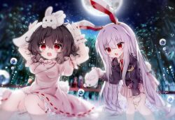  >_< 4girls :3 absurdres animal_ears bamboo bamboo_forest black_jacket blazer bloomers brown_hair carrot_necklace collared_shirt commentary dress floppy_ears forest full_moon highres houraisan_kaguya inaba_mob_(touhou) inaba_tewi jacket jewelry leaning_forward long_hair long_sleeves moon multiple_girls nature necklace necktie nya_(pixiv_100585577) open_mouth outdoors pendant pink_dress pink_skirt pleated_skirt puffy_short_sleeves puffy_sleeves purple_hair rabbit rabbit_ears rabbit_girl rabbit_tail red_eyes red_necktie reisen_udongein_inaba ribbon-trimmed_dress ribbon_trim shirt short_sleeves skirt smile tail touhou untranslatable_commentary very_long_hair white_bloomers white_shirt yagokoro_eirin 
